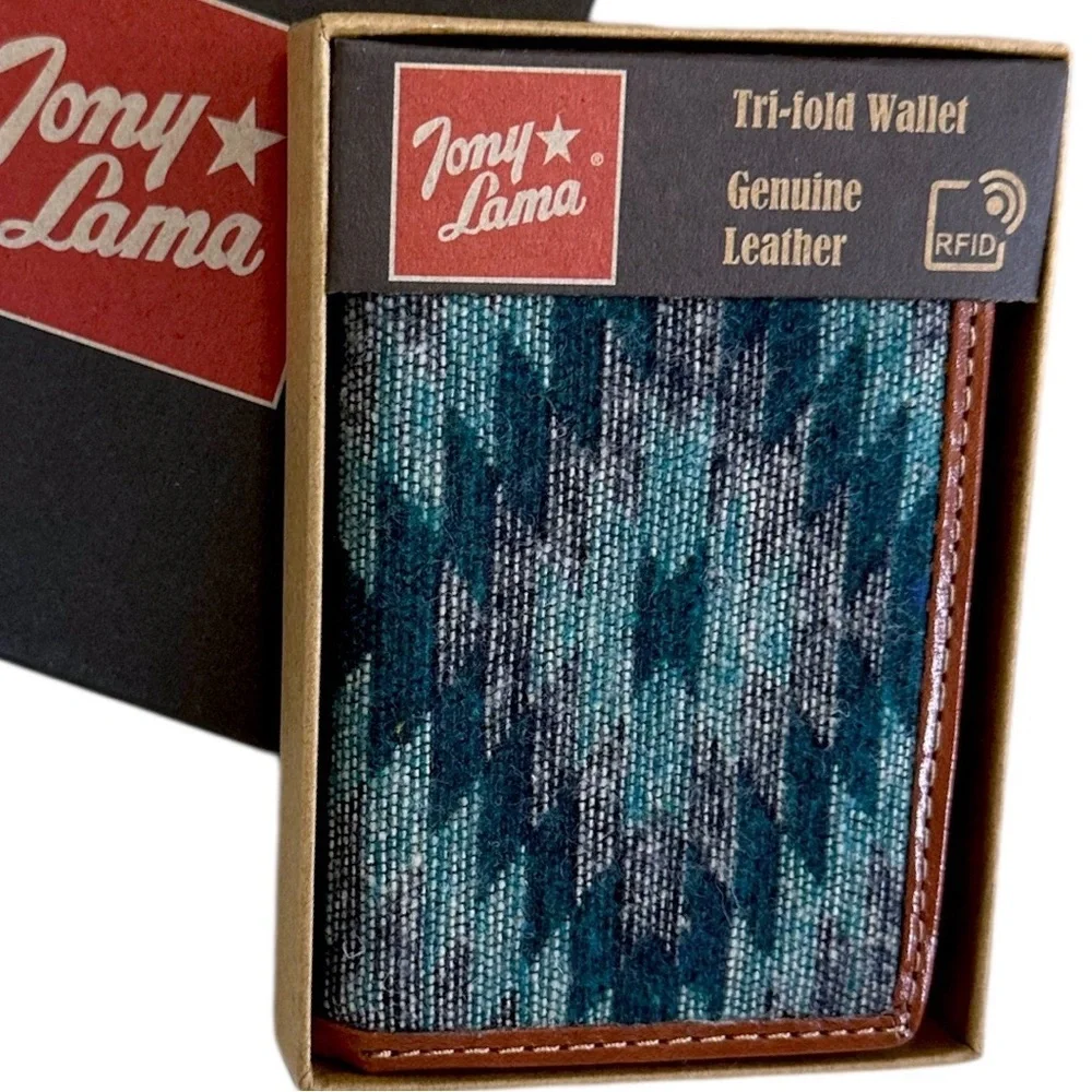 New Tony Lama Tri-Fold Wallet RFID Blue Aztec Canvas Leather Cowboy Western